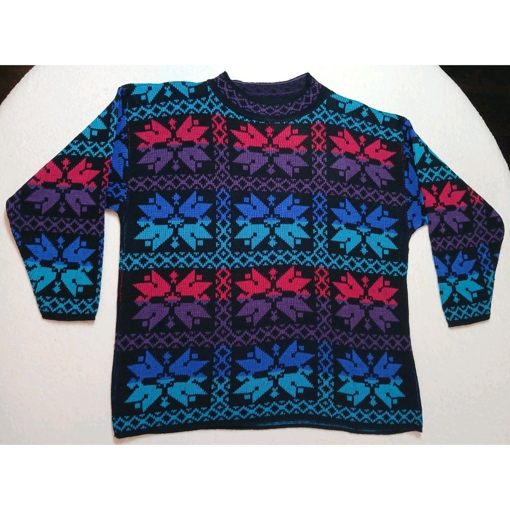 Vintage Classic Essentials Snowflake Ski Sweater Womens XL Black Purple Teal